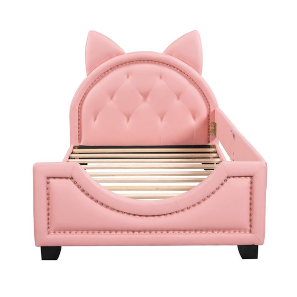 English Elm Twin Upholstered Daybed with Cute Carton-Ears Headboard, Pink PU Leather, Pine Frame, Modern Low Profile WF296296AAH