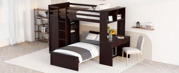 English Elm Twin Loft Bed with Standalone Sleeper Desk Wardrobe and Shelves for Kids Rooms Espresso LT000820AAP