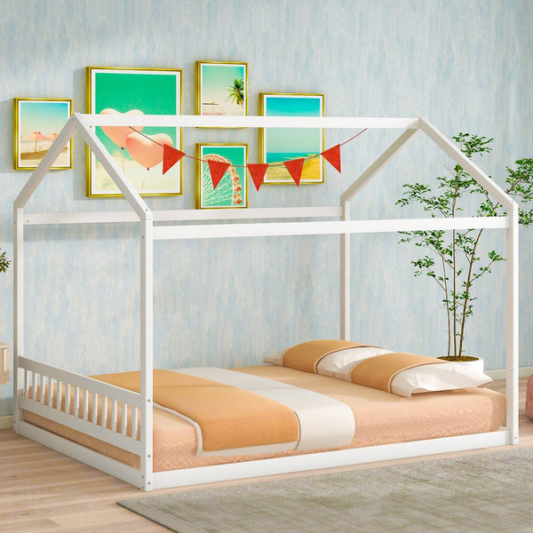 English Elm Queen House Bed with Headboard Cottage-Style Pine & MDF Frame, Low Safe Design for Kids, 500lb Capacity White WF296086AAK