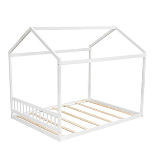 English Elm Queen House Bed with Headboard Cottage-Style Pine & MDF Frame, Low Safe Design for Kids, 500lb Capacity White WF296086AAK