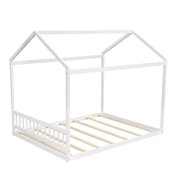 English Elm Queen House Bed with Headboard Cottage-Style Pine & MDF Frame, Low Safe Design for Kids, 500lb Capacity White WF296086AAK