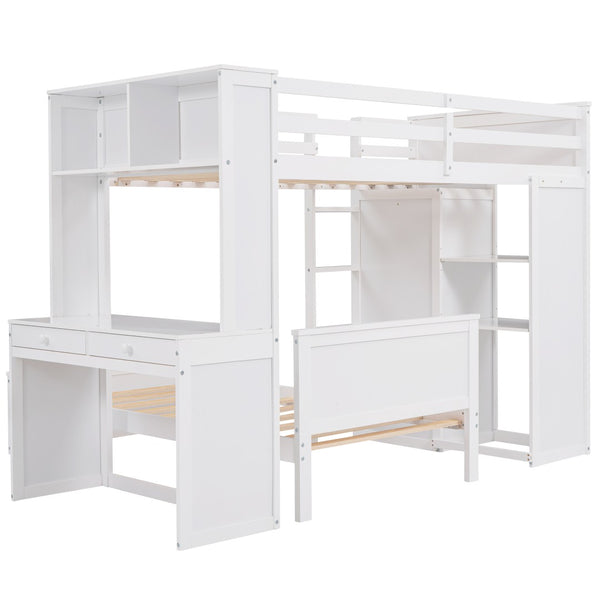 English Elm Twin Loft Bed with Standalone Sleeper Desk Wardrobe and Shelves for Kids Rooms LT000820AAK