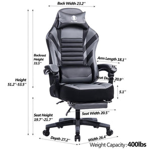 English Elm Vanbow.Seat Memory Foam Reclining Gaming Chair with Massage Lumbar, Retractable Footrest & Swivel Comfort Grey W152166557