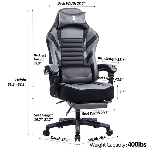 English Elm Vanbow.Seat Memory Foam Reclining Gaming Chair with Massage Lumbar, Retractable Footrest & Swivel Comfort Grey W152166557