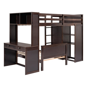 English Elm Twin Loft Bed with Standalone Sleeper Desk Wardrobe and Shelves for Kids Rooms Espresso LT000820AAP