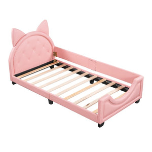 English Elm Twin Upholstered Daybed with Cute Carton-Ears Headboard, Pink PU Leather, Pine Frame, Modern Low Profile WF296296AAH