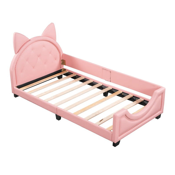 English Elm Twin Upholstered Daybed with Cute Carton-Ears Headboard, Pink PU Leather, Pine Frame, Modern Low Profile WF296296AAH