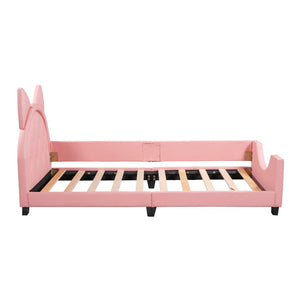English Elm Twin Upholstered Daybed with Cute Carton-Ears Headboard, Pink PU Leather, Pine Frame, Modern Low Profile WF296296AAH