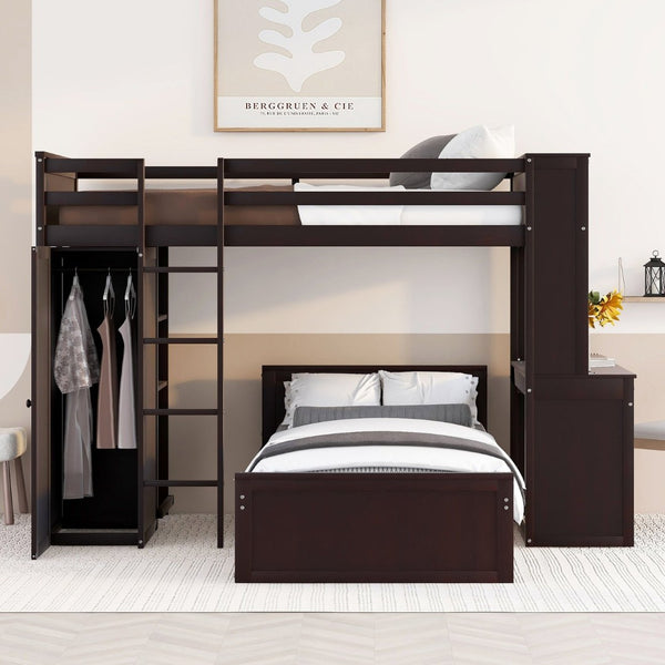 English Elm Twin Loft Bed with Standalone Sleeper Desk Wardrobe and Shelves for Kids Rooms Espresso LT000820AAP