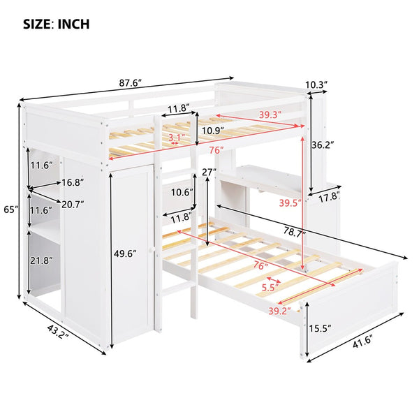 English Elm Twin Loft Bed with Standalone Sleeper Desk Wardrobe and Shelves for Kids Rooms LT000820AAK
