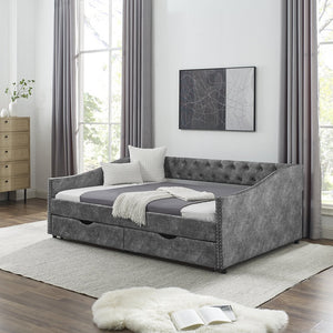 English Elm Full Size Upholstered Daybed With Storage Drawers, Tufted Sofa Bed & Copper Nail Accents In Grey W1413S00003