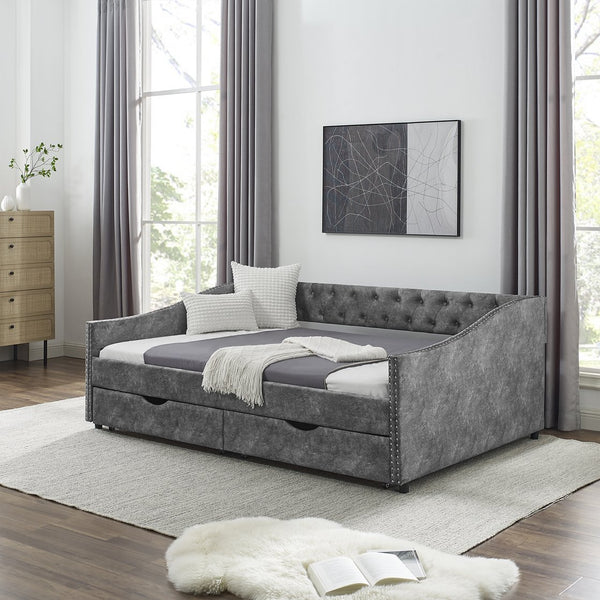 English Elm Full Size Upholstered Daybed With Storage Drawers, Tufted Sofa Bed & Copper Nail Accents In Grey W1413S00003