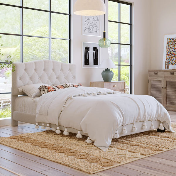 English Elm Upholstered Diamond-Tufted Platform Bed with Two-Position Adjustable Headboard and Sturdy Support Beige 59.25 L x 26.93 W x 5.24 H N701P342940B