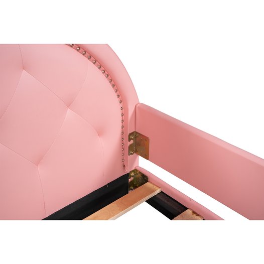English Elm Twin Upholstered Daybed with Cute Carton-Ears Headboard, Pink PU Leather, Pine Frame, Modern Low Profile WF296296AAH