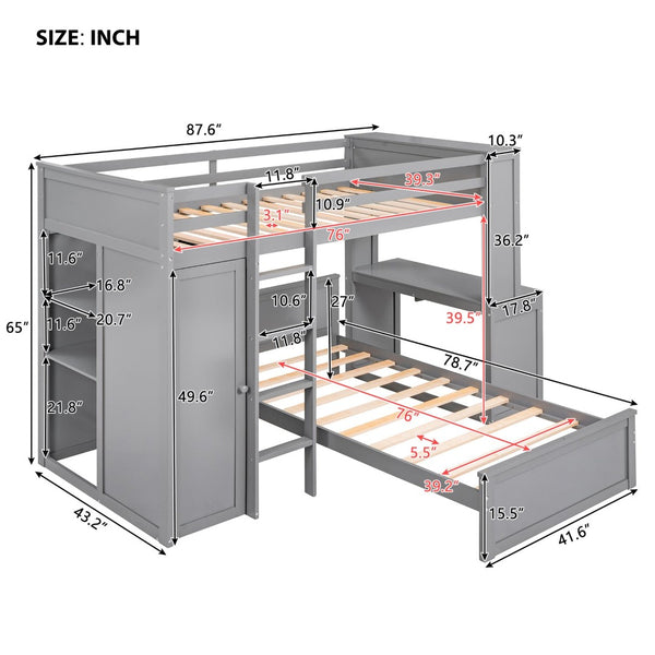 English Elm Twin Loft Bed with Standalone Sleeper Desk Wardrobe and Shelves for Kids Rooms Gray LT000820AAE