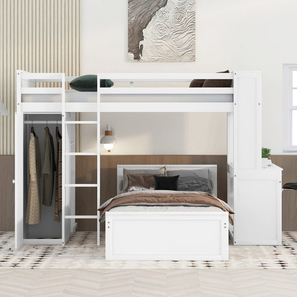 English Elm Twin Loft Bed with Standalone Sleeper Desk Wardrobe and Shelves for Kids Rooms LT000820AAK