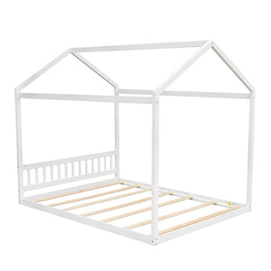 English Elm Queen House Bed with Headboard Cottage-Style Pine & MDF Frame, Low Safe Design for Kids, 500lb Capacity White WF296086AAK