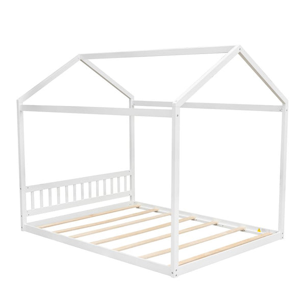 English Elm Queen House Bed with Headboard Cottage-Style Pine & MDF Frame, Low Safe Design for Kids, 500lb Capacity White WF296086AAK