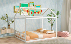 English Elm Queen House Bed with Headboard Cottage-Style Pine & MDF Frame, Low Safe Design for Kids, 500lb Capacity White WF296086AAK