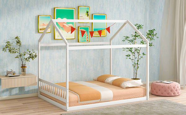 English Elm Queen House Bed with Headboard Cottage-Style Pine & MDF Frame, Low Safe Design for Kids, 500lb Capacity White WF296086AAK