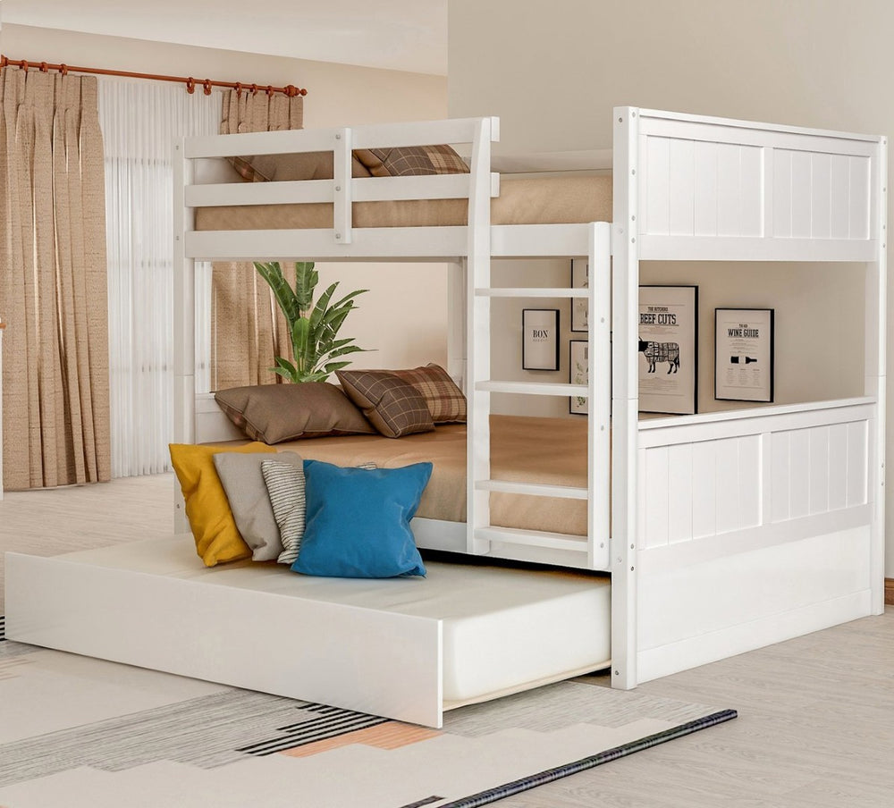 English Elm Full Over Bunk Bed with Twin Trundle Pine Frame Kids Shared Bedroom Sleeper White LT000350AAK