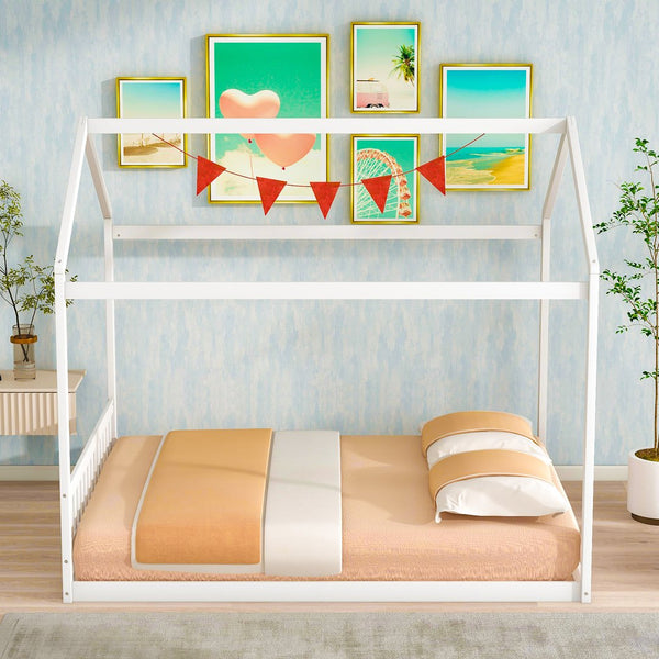 English Elm Queen House Bed with Headboard Cottage-Style Pine & MDF Frame, Low Safe Design for Kids, 500lb Capacity White WF296086AAK