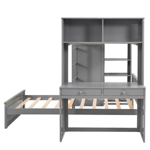 English Elm Twin Loft Bed with Standalone Sleeper Desk Wardrobe and Shelves for Kids Rooms Gray LT000820AAE