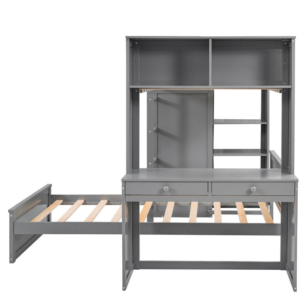 English Elm Twin Loft Bed with Standalone Sleeper Desk Wardrobe and Shelves for Kids Rooms Gray LT000820AAE
