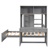 Hearth and Haven Twin Loft Bed with Stand Alone Bed, Shelves, Desk and Wardrobe, Grey