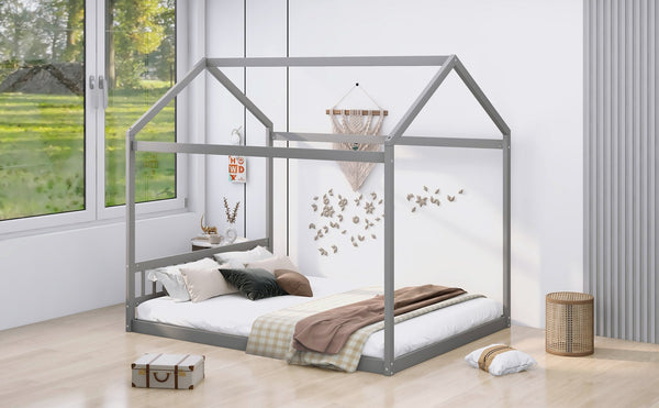 English Elm Queen House Bed with Headboard Cottage-Style Pine & MDF Frame, Low Safe Design for Kids, 500lb Capacity Gray WF296086AAE
