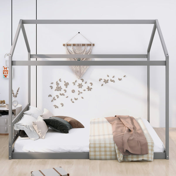 English Elm Queen House Bed with Headboard Cottage-Style Pine & MDF Frame, Low Safe Design for Kids, 500lb Capacity Gray WF296086AAE