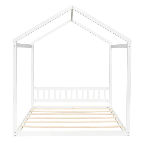 English Elm Queen House Bed with Headboard Cottage-Style Pine & MDF Frame, Low Safe Design for Kids, 500lb Capacity White WF296086AAK