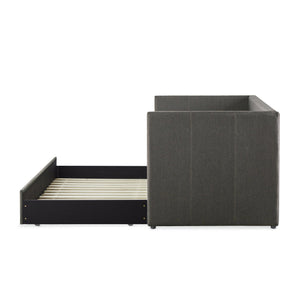 English Elm Gray Fabric Daybed with Pull-Out Trundle, Nailhead Trim & Wood Frame — Twin Sleep Space, Modern Upholstered Design B011S00248