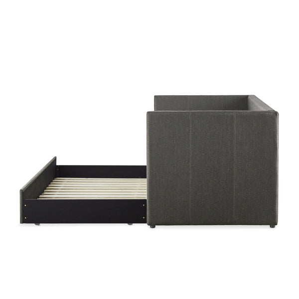 English Elm Gray Fabric Daybed with Pull-Out Trundle, Nailhead Trim & Wood Frame — Twin Sleep Space, Modern Upholstered Design B011S00248