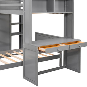 English Elm Twin Loft Bed with Standalone Sleeper Desk Wardrobe and Shelves for Kids Rooms Gray LT000820AAE
