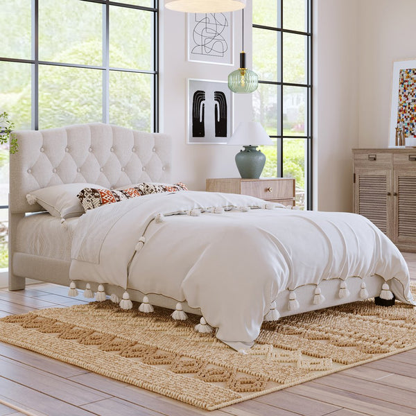 English Elm Upholstered Diamond-Tufted Platform Bed with Two-Position Adjustable Headboard and Sturdy Support Beige 59.25 L x 26.93 W x 5.24 H N701P342940B