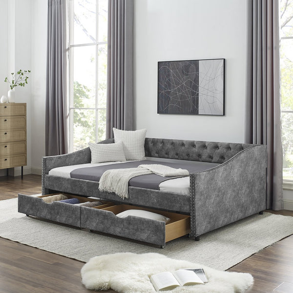 English Elm Full Size Upholstered Daybed With Storage Drawers, Tufted Sofa Bed & Copper Nail Accents In Grey W1413S00003