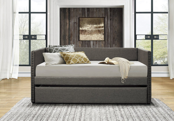 English Elm Gray Fabric Daybed with Pull-Out Trundle, Nailhead Trim & Wood Frame — Twin Sleep Space, Modern Upholstered Design B011S00248