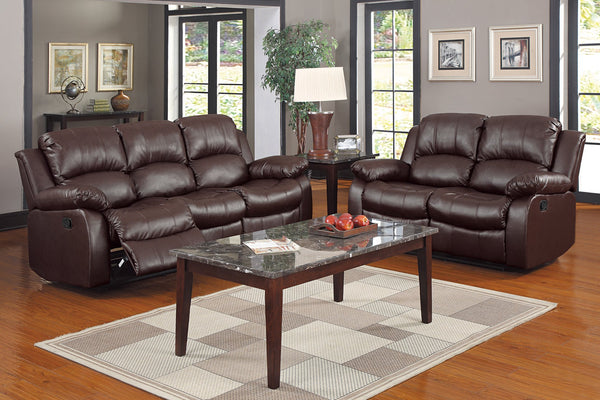 English Elm Comfortable Brown Double Reclining Sofa with Bonded Leather, Solid Wood Frame, 83” x 36.5” x 38.5” B01166579