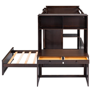 English Elm Twin Loft Bed with Standalone Sleeper Desk Wardrobe and Shelves for Kids Rooms Espresso LT000820AAP