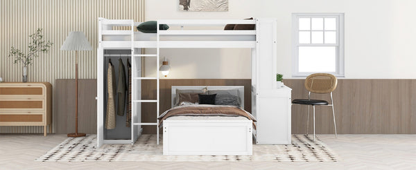 English Elm Twin Loft Bed with Standalone Sleeper Desk Wardrobe and Shelves for Kids Rooms LT000820AAK