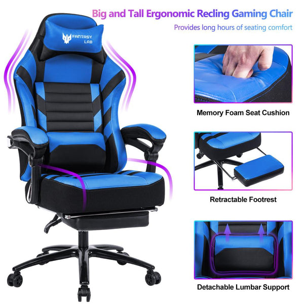 English Elm Vanbow.Seat Memory Foam Reclining Gaming Chair with Massage Lumbar, Retractable Footrest & Swivel Comfort Blue W152166559