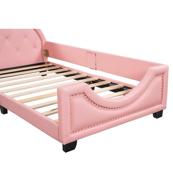 English Elm Twin Upholstered Daybed with Cute Carton-Ears Headboard, Pink PU Leather, Pine Frame, Modern Low Profile WF296296AAH