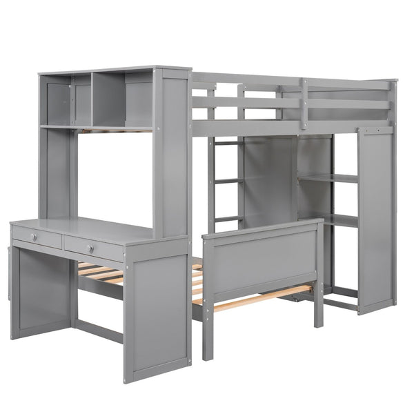 English Elm Twin Loft Bed with Standalone Sleeper Desk Wardrobe and Shelves for Kids Rooms Gray LT000820AAE