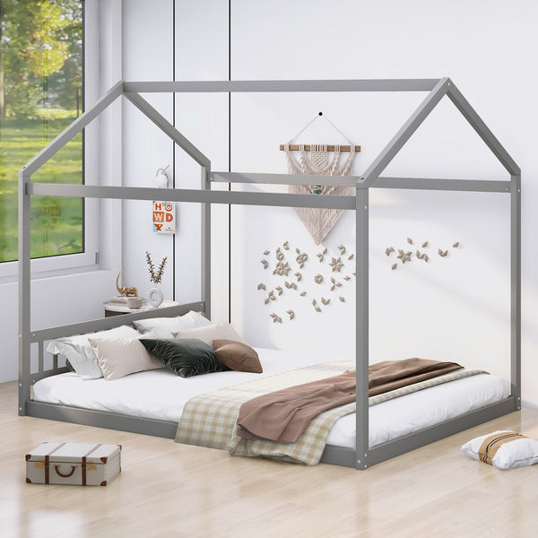 English Elm Queen House Bed with Headboard Cottage-Style Pine & MDF Frame, Low Safe Design for Kids, 500lb Capacity Gray WF296086AAE