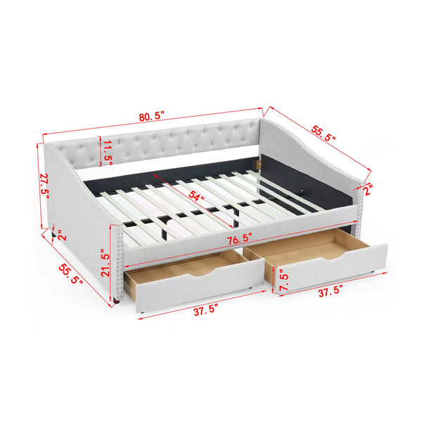 English Elm Full Size Daybed With Drawers - Elegant Tufted Sofa Bed, Copper Nail Trim, Beige, Perfect For Any Room W1413S00004