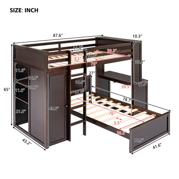 English Elm Twin Loft Bed with Standalone Sleeper Desk Wardrobe and Shelves for Kids Rooms Espresso LT000820AAP