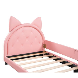 English Elm Twin Upholstered Daybed with Cute Carton-Ears Headboard, Pink PU Leather, Pine Frame, Modern Low Profile WF296296AAH