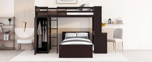 English Elm Twin Loft Bed with Standalone Sleeper Desk Wardrobe and Shelves for Kids Rooms Espresso LT000820AAP
