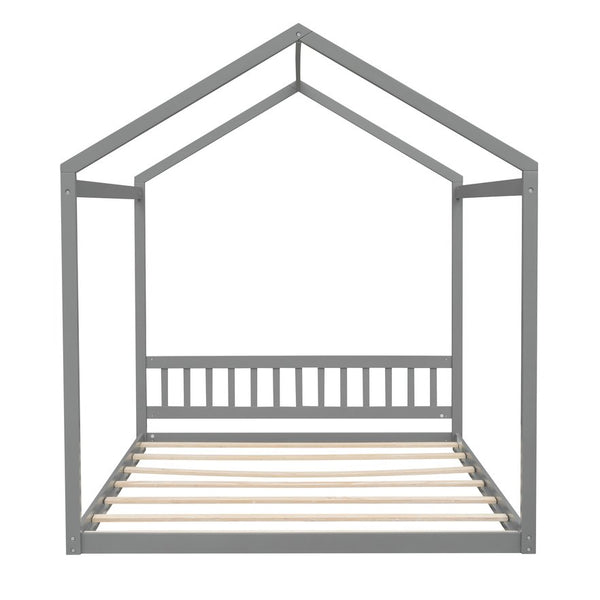 English Elm Queen House Bed with Headboard Cottage-Style Pine & MDF Frame, Low Safe Design for Kids, 500lb Capacity Gray WF296086AAE